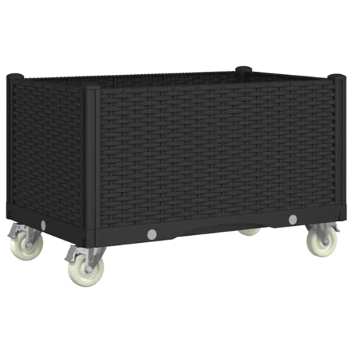 vidaXL Pflanzkasten, Hochbeet mit Rollen Rattan-Optik, Pflanzkübel für Garten Terrasse, Pflanzbeet Gemüsebeet Blumenbeet Blumenkasten, Schwarz 80x50x54cm PP