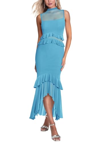 Image of Aisbei Women's Elegant Bodycon Maxi Dress Mock Neck Sleeveless Mesh Ruffle Dress Party Cocktail Formal Wedding Guest Dresses