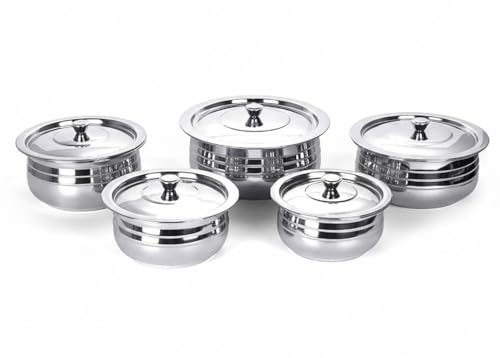 Image of KC Stainless Steel Cook and Serve Handi Set with Lids | Casserole Set| 5 Piece with Cover