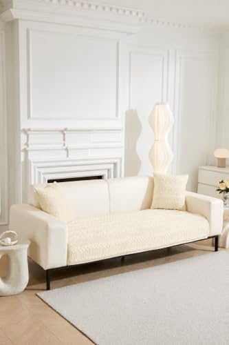 Image of HOMETHREADS Premium Embroidered Cotton Sofa Cover Mat with PVC Backing for Non-Slip Comfort (Beige, 1 Seater | 70x70cm)
