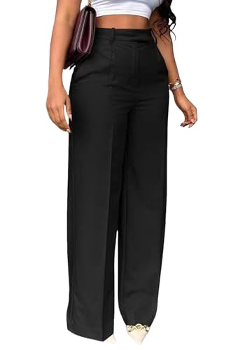 Unybwonn Pantalones de Vestir de Cintura Alta para Mujer, Rectos, Pierna Ancha, para Negocios, Trabajo, Oficina, Sueltos, Casuales, Negro  , X Large