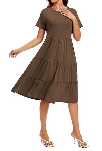 Image of Womens Summer Short Sleeve Crew Neck Midi Dress 2026 Casual Fit Flowy Tiered Beach Vacation Sundress with Pockets