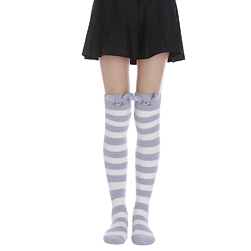 Image of Thigh High Fuzzy Socks Cute Animal Coral Fleece Over the Knee Thigh High Long Stockings Warm Stripe