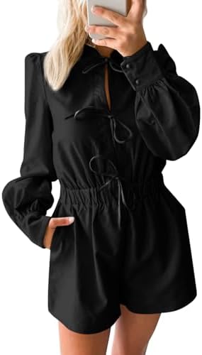 Cicy Bell Womens Casual Short Rompers Cute Tie Front Long Lantern Sleeve Shorts Jumpsuits with Pockets 2025 Fall Outfits