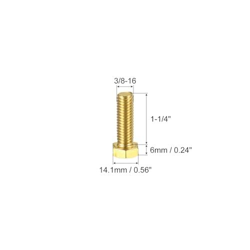 Image of uxcell Brass Hex Bolts, 3 /8-16x1-1 /4 2pcs Fully Thread Grade 4.8 Solid Brass Hexagon Head Bolt Machine Screws for Machinery