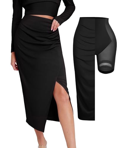 Popilush Midi Skirt with Built in Shapewear Split High Waisted Bodycon A Line Skirts for Women Slit Slim Long Skirt