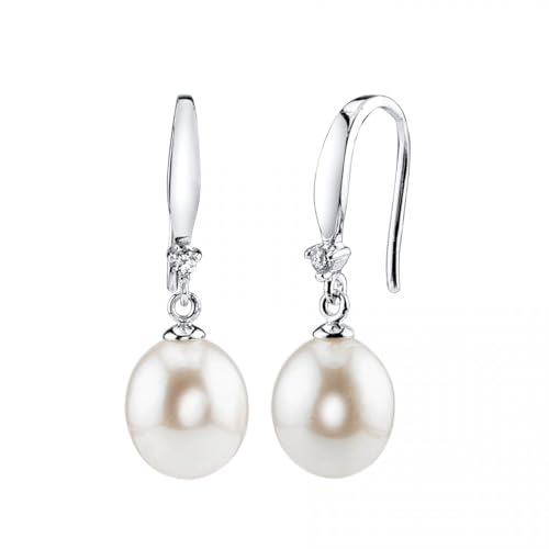 The Pearl Source Real Pearl Dangle Earrings for Women with Genuine AAA Quality White Freshwater Cultured Pearls | 14K Gold Plated 925 Sterling Silver Earrings