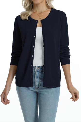 Image of QUALFORT Women's 100% Cotton Lightweight Cardigans Long Sleeve Knitted Button Down Sweater
