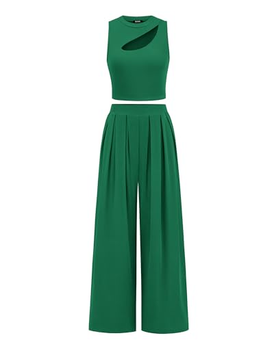 Image of BTFBM Women 2 Piece Outfits Spring Summer Tracksuits Mock Neck Sleeveless Cutout Crop Top Wide Leg Long Pants Sweatsuits