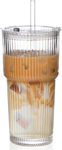 Image of FUNKYFINDS Ribbed Glass Cup with Lid and Straw 600ml, 1 PCS Glass Tumbler with Straw and Lid, Iced Coffee and Tea Cups Drinking Glasses for Juice Milk Water Lemon Soda, Beer Drinking Glasses