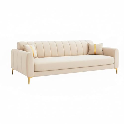 Image of Hermione Luxe Velvet-Suede Fabric 3 Seater + 2 Seater Sofa Set | Golden Legs | Comfortable & Spacious Seating | Modern Sofa Set for Living Room - Cream