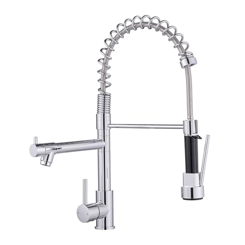 Image of AIMADI Chrome Kitchen Faucet with Pull Down Sprayer,Dual Spout Design | Modern Stainless Steel High Arc Kitchen Sink Faucet for Farmhouse Camper Laundry Rv Bar
