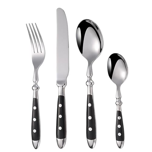 IKXO 16 Pieces Black Gum Wood Handle Silverware Set for 4 Exquisite Ergonomic Flatware Set Food Grade Stainless Steel Cutlery Set Tableware Eating Utensils Mirror Finished Dishwasher Safe