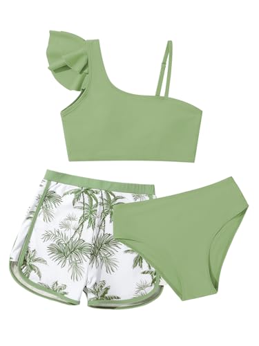 ESHOO Girls Swimsuit 3 Piece Bathing Suit Ruffled Bikini Set with Shorts for Girls 9-16 Years Swimwear