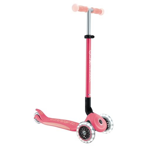 Globber Elite Kids 3 Wheel Light Up Glow Scooter – Plegable – 3 años a 9 años Plus – Ruedas LED – 2 años de garantía (Coral Pink)