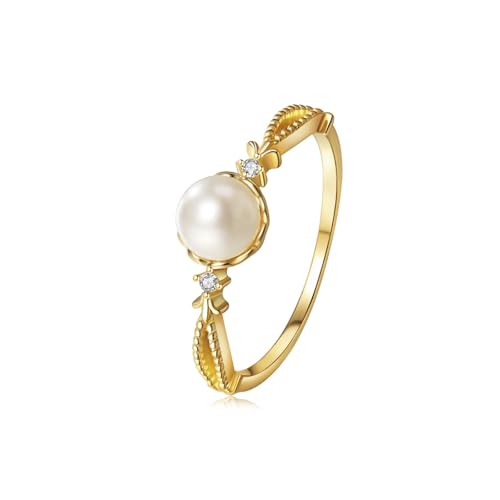 14K Gold Plated Pearl Rings for Women, Dainty Elegant Gold Rings, Pearl Rings for Women's Gifts Engagement Rings Size 5-10