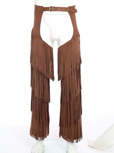 Lejafay Men's Tassel Vintage Cowboy Chaps Layered Fringe Assless Yoke Split Motorcycle Riders Pants3
