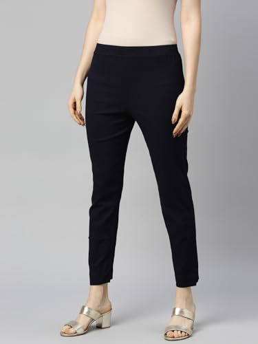 Image of MINELLI Women Solid Cigar Pants, Cotton Lycra Slub Fabric, Elasticated Waistband, Pull On Style, Regular Fit Bottom Wear for Western and Ethnic Wear