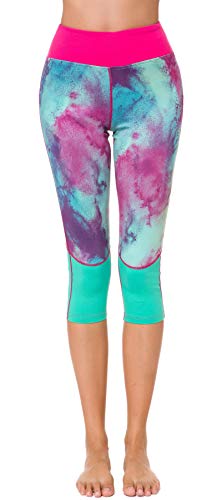 Sugar Pocket Women's Workout Capri Yoga Pants 3/4 Printed Running Leggings S (Cyan-Green)