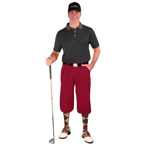 Golf Knickers Mens Outfit - Maroon Microfiber, Limited Edition Ball Cap, Over-The-Calf Argyle Socks, Black Golf Shirt - Waist 26