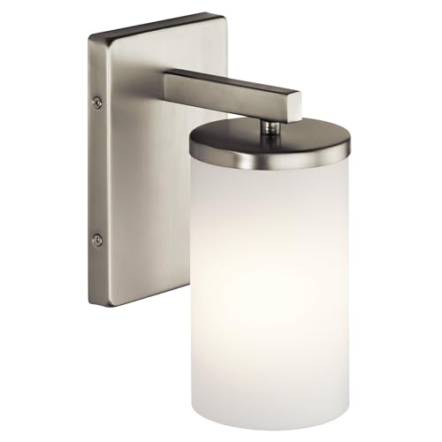 Image of Kichler Crosby 9.25 inch Wall Sconce in Brushed Nickel, 1-Light Contemporary Hallway or Bathroom Light with Satin Etched Cased Opal Glass, (9.25 inch H x 4.5 inch W), 45495NI