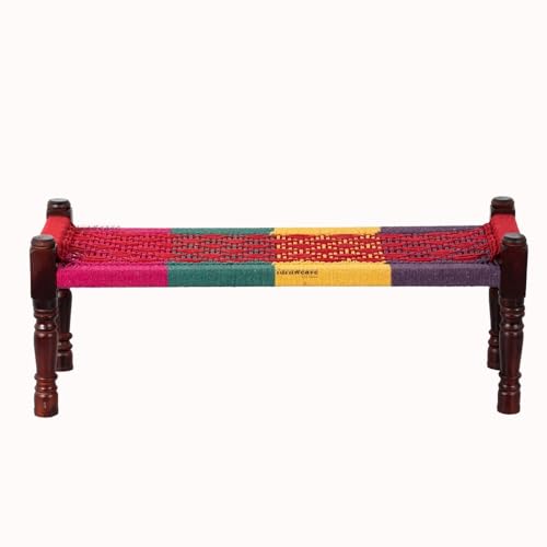 Image of Wooden Bench for Seating | Handcrafted Sheesham Wood Bench for Living Room, Balcony & Garden | Traditional Patio for Outdoor with Cotton Handwoven Rope | Colorful 002