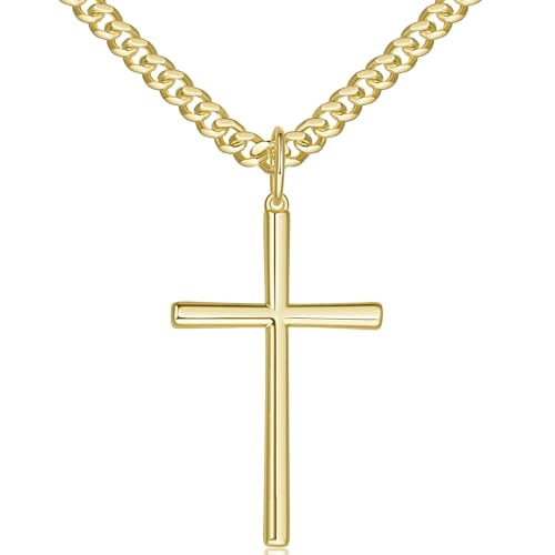 AMELINE Cross Necklace 14K Gold Cross Chain for Men Cuban Link Bold in Form Dainty Gold Crosses Pendant Necklace for Men 20/22/24in