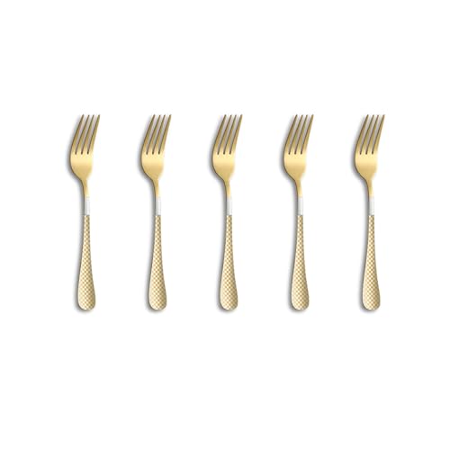 Image of 6.7 inch Aurum Gold Salad Forks Set of 5 with Checks Printed Handle ? Durable Stainless Steel Salad Forks, Mirror Polished Silverware, Perfect for Home, Restaurant, and Gifting