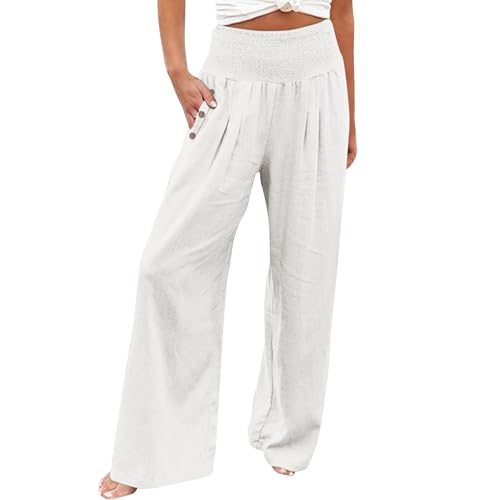 Linen Pants Women High Waist Wide Leg Pants Palazzo Elastic Lounge Pant Summer Casual Flowy Trousers with Pocket
