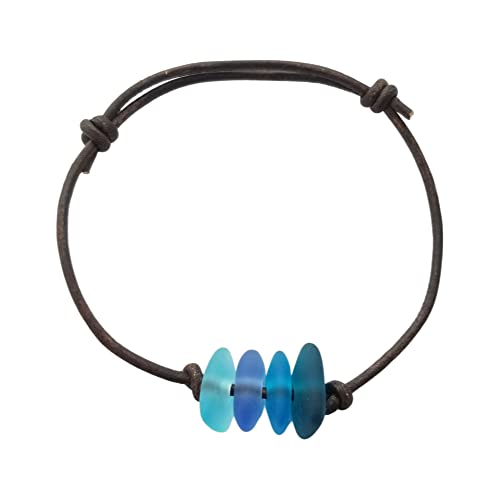 Handmade in Hawaii, leather cord unisex quad"Blue Hawaii" sea glass bracelet and ankle bracelet, (Hawaii Gift Wrapped, Customizable Gift Message)