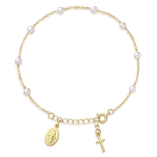 Image of Rosary Bracelet for Women, Dainty 14K Gold Plated Virgin Mary Cross Charm Bracelet Catholic First Communion Baptism Religious Gifts for Her