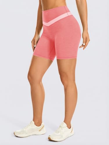 Aoysky Womens 6" High Waisted Buttery Soft Biker V-Shaped Color Block Shorts Butt Lifting Seamless Workout Shorts Pink — view 2