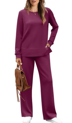 Image of WIHOLL Women's 2 Piece Lounge Sets Sweatshirt Casual Travel Outfits Fashion Wide Leg Tracksuit Cozy Sweatsuits