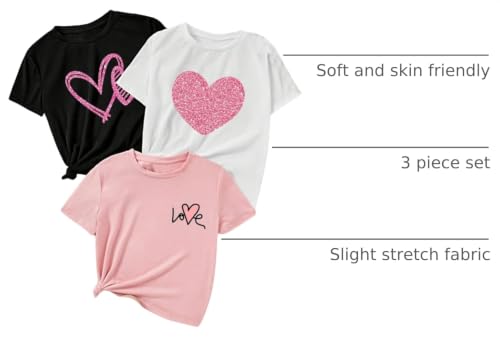 Image of SweatyRocks Girl's 3 Pack T Shirts Sparkly Heart Print Tees Short Sleeve Crewneck Summer Tops