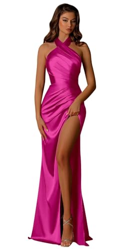 Image of Halter Satin Bridesmaid Dresses Long with Slit for Women Mermaid Prom Dress Pleated Formal Gown Evening Dress