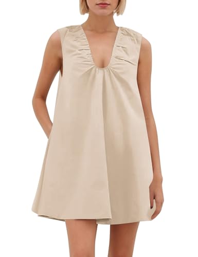Image of Women Summer Sleeveless Babydoll Mini Dress Scoop Neck Loose Fit Tank Dresses Party Ruched Short Dress with Pockets