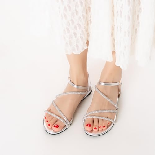 Image of Mtzyoa Women Flat Sandals Dressy Strappy Gladiator Summer Ankle Strap Nude Open Toe Comfortable Wedding Casual Leather Ladies Party Trendy Vacation