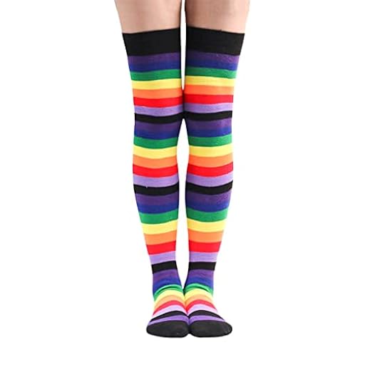 Feelorna 1 par de calcetines hasta la rodilla para mujer, suaves y largas, para cosplay, uso diario, Rayas del arco iris., Talla única | Ya disponible en tu tienda friki favorita! En mundofriki.es!
