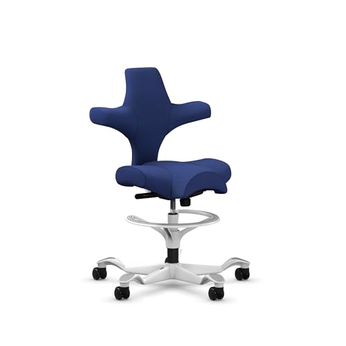 Image of HAG Capisco Sit to Stand Chair-White Frame-Upholstered Cobalt Blue-with Foot Ring