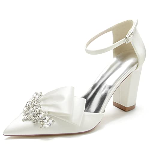 Women Evening Bridal Rhinestone Pointed Toe Satin Pumps Block High Heel Crystal Shoes with Bow