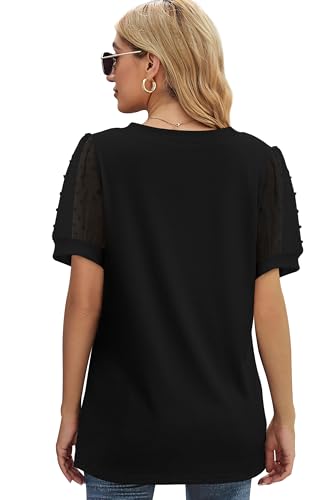 Womens Summer Tops V Neck T Shirts Swiss Dot Puff Sleeve Tops Loose Casual Tshirts4