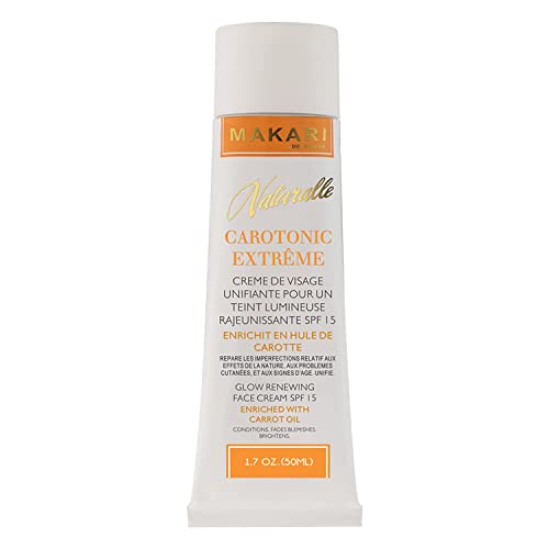 Makari Naturalle Carotonic Extrême Crème Éclaircissante (1.7 oz.). Crème hydratante, éclaircissante à base d’huile de Carotte et d’écran solaire SPF15 – Soins éclaircissants anti-âge, anti-taches