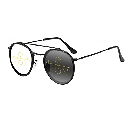 Near Far Multifocal Progressive Retro Pilot Style Double Beam Transition Photochromic Reading Glass (Black, 0 distance, 225 reading)