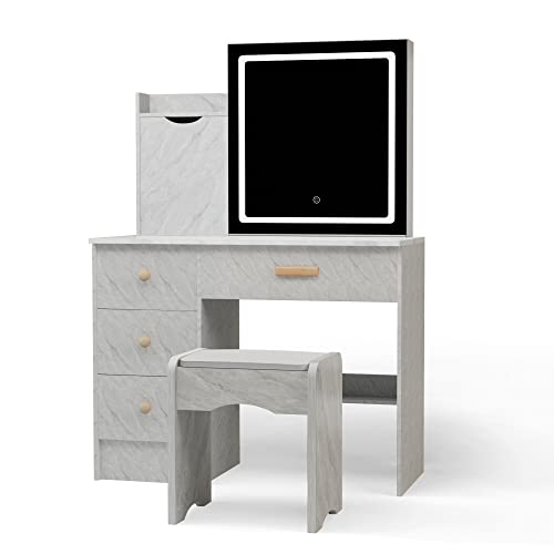 Neutype Vanity Desk With Mirror And Lights, Makeup Vanity With Lights, Vanity Mirror With Lights And Table Set, White Vanity Desk With 3 Color Lighting Brightness Adjustable, Marble Pattern #TOP7