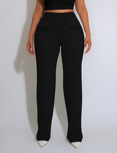 GOKATOSAU Women's Hight Waist Decorative Front Pocket Trousers Straight Wide Leg Long Flared Pants4