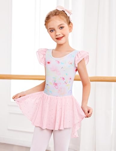 Image of Arshiner Girls Shiny Ruffle Sleeve Ballet Leotard with Skirt Criss-Cross Back Dance Dresses