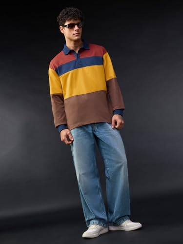 Image of The Souled Store: Pollen Men and Boys Long Sleeve Spread Collar Mustard Navy Brown Colour-Block Cotton Oversized Breathable Durable Lightweight All-Season Polos