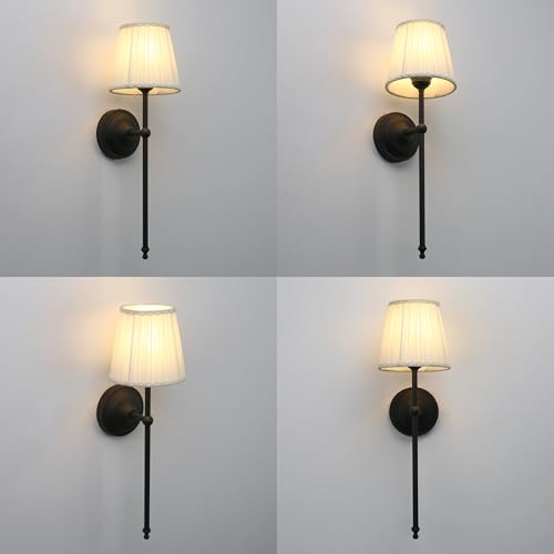 Image of Phansthy Hardwired Brass Boho Wall Sconces Set of 2, Vintage Industrial Wall Lights 2 Pack, Vanity Light Wall Lamps with Lace Gauze Shade for Bedroom Living Room Hallway Decor (Black + White Shade)