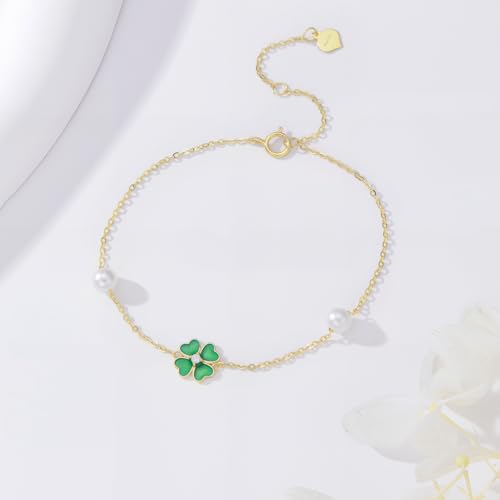 SISGEM Solid 14k Gold Four Leaf Clover Bracelet for Women, Real Pearl Lucky Hand Jewelry Gifts for Her, 6.2"-7.8"3