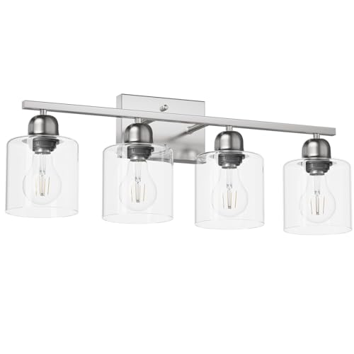 FAISHILAN Brushed Nickel Vanity Lights for Bathroom, 4 Light Bathroom Vanity Light Over Mirror, Wall Lights with Clear Glass, E26 Socket
